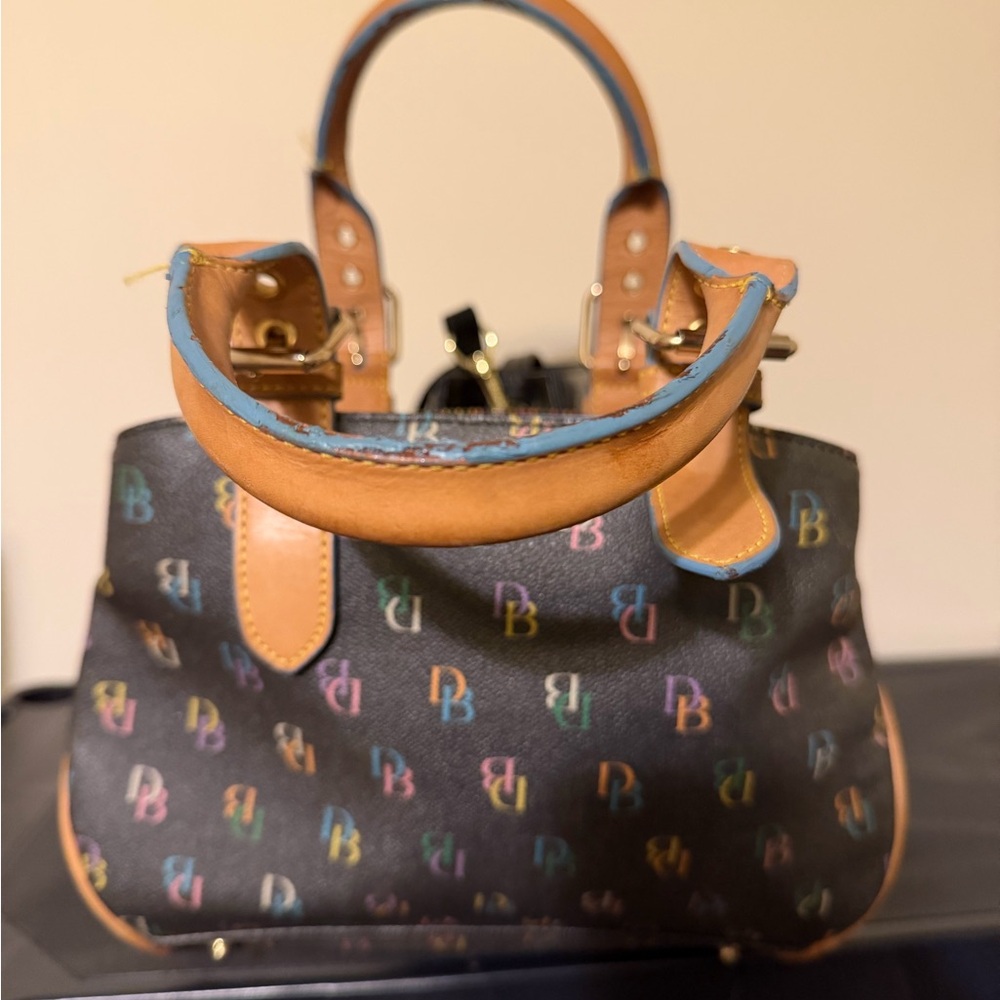 Dooney & Bourke Black Multicolor Monogram Satchel with Tan Trim
